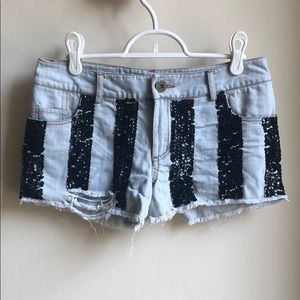 Sequined sexy washed denim shorts